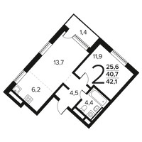 Планировка двухкомнатной(квартира) площадью 42.1 квадратных метров в “Новые Ватутинки. Заречный”