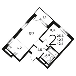 Планировка двухкомнатной(квартира) площадью 42.1 квадратных метров в ЖК “Новые Ватутинки. Заречный”