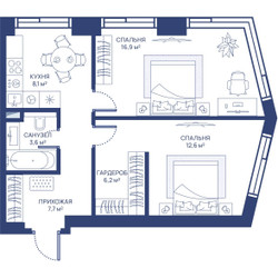 Планировка двухкомнатной(квартира) площадью 55.1 квадратных метров в ЖК “ЖК Свет”