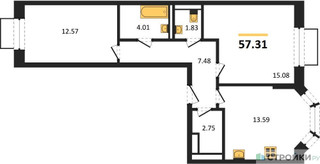 Планировка двухкомнатной(квартира) площадью 57.31 квадратных метров в “ЖК Квартал Домашний”