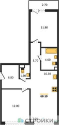 Планировка двухкомнатной(квартира) площадью 60.1 квадратных метров в ЖК “ЖК Родные кварталы”