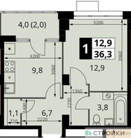 Планировка однокомнатной(квартира) площадью 36.3 квадратных метров в “ЖК ЮЖНАЯ БИТЦА”