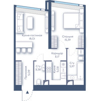 Планировка однокомнатной(квартира) площадью 54.23 квадратных метров в “ЖК Дом Дау”