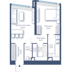 Планировка однокомнатной(квартира) площадью 54.23 квадратных метров в ЖК “ЖК Дом Дау”