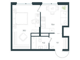 Планировка однокомнатной(квартира) площадью 43 квадратных метров в “ЖК Левел Лесной”