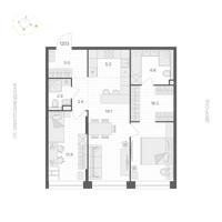 Планировка двухкомнатной(апартаменты) площадью 71.4 квадратных метров в “ЖК ARTEL (Артель)”