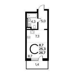 Планировка студии(квартира) площадью 26.7 квадратных метров в ЖК “Новые Ватутинки. Заречный”