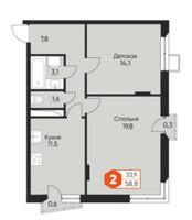 Планировка двухкомнатной(квартира) площадью 58.2 квадратных метров в “ЖК Фрунзенский”