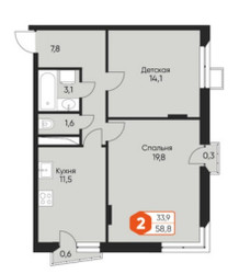 Планировка двухкомнатной(квартира) площадью 58.2 квадратных метров в ЖК “ЖК Фрунзенский”
