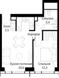 Планировка однокомнатной(квартира) площадью 42 квадратных метров в ЖК “ЖК Сити Бэй”