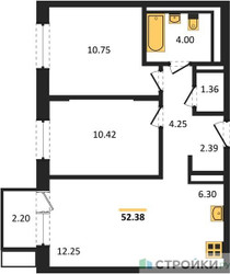 Планировка двухкомнатной(квартира) площадью 52.38 квадратных метров в ЖК “ЖК Пятницкие луга”