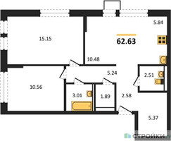 Планировка двухкомнатной(квартира) площадью 62.63 квадратных метров в “ЖК Квартал Авиаторов”