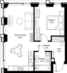 Планировка однокомнатной(квартира) площадью 49.1 квадратных метров в ЖК “Мультиквартал СИТИДЗЕН”