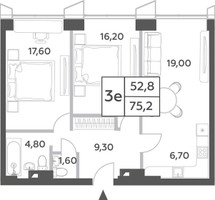 Планировка трехкомнатной(квартира) площадью 75.2 квадратных метров в “ЖК Will Towers (Вилл Тауэрс)”