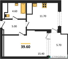 Планировка однокомнатной(квартира) площадью 39.3 квадратных метров в “ЖК VERY на Миклухо-Маклая (Вери на Миклухо-Маклая)”