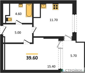 Планировка однокомнатной(квартира) площадью 39.3 квадратных метров в ЖК “ЖК VERY на Миклухо-Маклая (Вери на Миклухо-Маклая)”