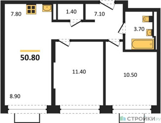 Планировка двухкомнатной(квартира) площадью 50.8 квадратных метров в ЖК “ЖК Квартал Строгино”