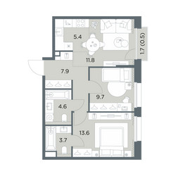 Планировка трехкомнатной(квартира) площадью 57.2 квадратных метров в ЖК “ЖК Станиславский”