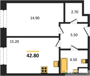 Планировка однокомнатной(квартира) площадью 42.8 квадратных метров в ЖК “ЖК Voxhall (Воксхолл)”