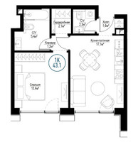 Планировка однокомнатной(квартира) площадью 42.7 квадратных метров в “ЖК Метрополия”