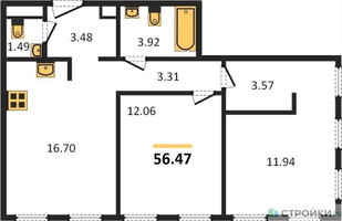 Планировка двухкомнатной(квартира) площадью 56.47 квадратных метров в “ЖК Insider (Инсайдер)”