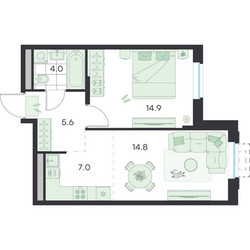 Планировка двухкомнатной(квартира) площадью 46.3 квадратных метров в ЖК “ЖК G3 Михалевич”