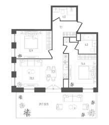 Планировка двухкомнатной(квартира) площадью 71.9 квадратных метров в ЖК “ЖК Pave (Пэйв)”