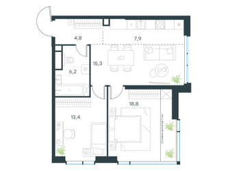 Планировка трехкомнатной(квартира) площадью 66.4 квадратных метров в ЖК “ЖК Левел Мичуринский”