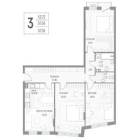 Планировка трехкомнатной(квартира) площадью 97.6 квадратных метров в “ЖК Эльйон”