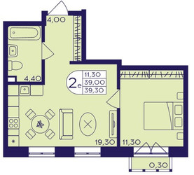 Планировка двухкомнатной(квартира) площадью 39.3 квадратных метров в ЖК “ЖК Героев”