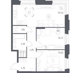 Планировка двухкомнатной(апартаменты) площадью 56.98 квадратных метров в ЖК “ЖК Апарт-отель Тропарево парк”