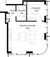 Планировка однокомнатной(квартира) площадью 51.4 квадратных метров в “ЖК Сити Бэй”