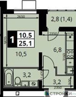 Планировка студии(квартира) площадью 25.1 квадратных метров в “ЖК 1-й Южный (Первый Южный)”
