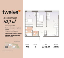 Планировка трехкомнатной(квартира) площадью 63.2 квадратных метров в “ЖК Twelve (Твелв)”