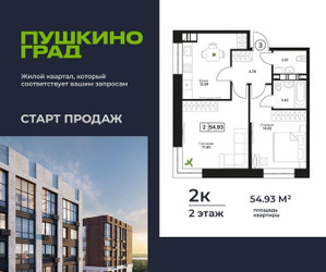 Планировка двухкомнатной(квартира) площадью 55.07 квадратных метров в ЖК “ЖК Пушкино Град”
