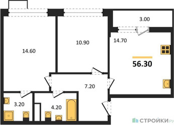 Планировка двухкомнатной(квартира) площадью 56.3 квадратных метров в ЖК “ЖК Родные кварталы”