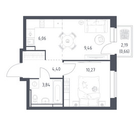 Планировка однокомнатной(квартира) площадью 34.69 квадратных метров в ЖК “ЖК Новое Видное”