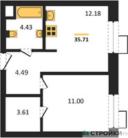 Планировка однокомнатной(апартаменты) площадью 35.71 квадратных метров в “ЖК N’ICE LOFT (Найс Лофт)”