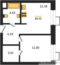 Планировка однокомнатной(апартаменты) площадью 35.71 квадратных метров в ЖК “ЖК N’ICE LOFT (Найс Лофт)”