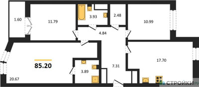 Планировка трехкомнатной(квартира) площадью 85.2 квадратных метров в ЖК “ЖК Сезар Сити”