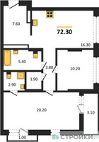 Планировка двухкомнатной(квартира) площадью 72.3 квадратных метров в “ЖК Первый квартал”