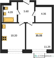 Планировка однокомнатной(квартира) площадью 35.54 квадратных метров в “ЖК Новое Видное”