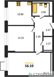 Планировка двухкомнатной(квартира) площадью 56.59 квадратных метров в ЖК “ЖК Пригород Лесное”