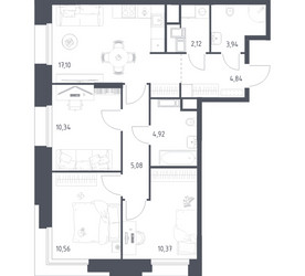 Планировка трехкомнатной(апартаменты) площадью 69.27 квадратных метров в ЖК “ЖК Апарт-отель Тропарево парк”