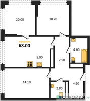 Планировка трехкомнатной(квартира) площадью 68 квадратных метров в “ЖК Бестселлер”