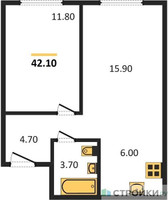 Планировка однокомнатной(квартира) площадью 42.1 квадратных метров в “ЖК Новый Зеленоград”
