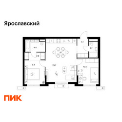 Планировка двухкомнатной(квартира) площадью 59.7 квадратных метров в ЖК “ЖК Ярославский”