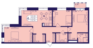 Планировка 4+ комнатной(квартира) площадью 72.7 квадратных метров в “ЖК Героев”