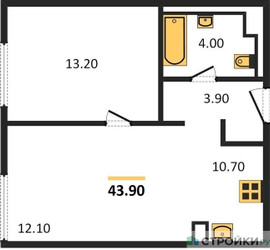 Планировка однокомнатной(апартаменты) площадью 43.9 квадратных метров в ЖК “ЖК Верейская 41”