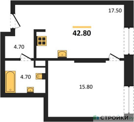 Планировка однокомнатной(квартира) площадью 42.8 квадратных метров в ЖК “ЖК STONE Rise (Райз)”